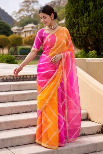 Geroo Jaipur Multi Color Silk Round Neck Hand Dyed Saree With Blouse Online at Aza Fashions Geroo Jaipur_Multi Color Silk Round Neck Hand Dyed Saree With Blouse _Online_at_Aza_Fashions