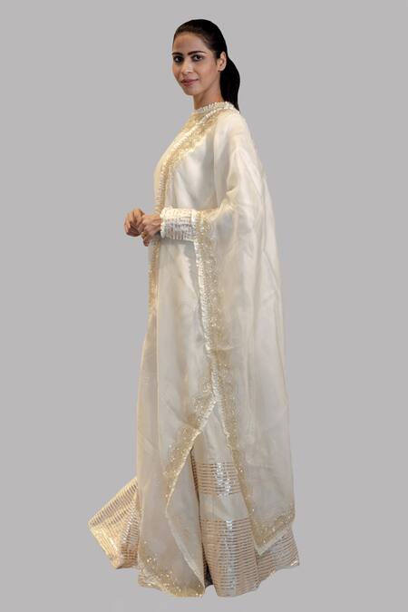 Aksh Beige Organza, Chanderi Round Kurta Lehenga Set Online at Aza Fashions Aksh_Beige Organza, Chanderi Round Kurta Lehenga Set_Online_at_Aza_Fashions