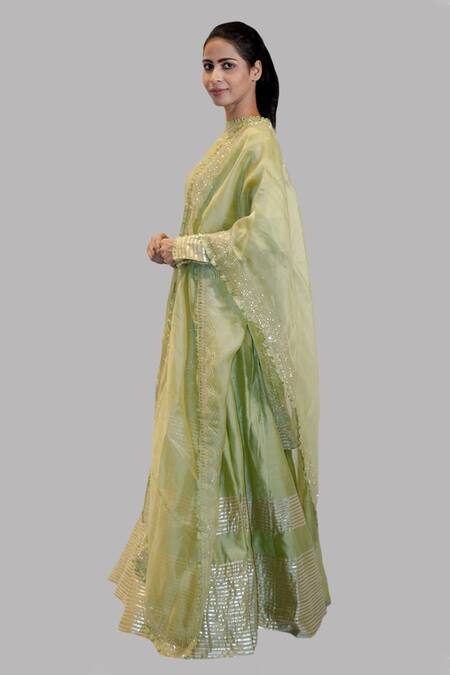 Aksh_Green Organza, Chanderi Round Kurta Lehenga Set_Online_at_Aza_Fashions