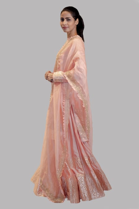Aksh_Peach Organza, Chanderi Round Kurta Lehenga Set_Online_at_Aza_Fashions