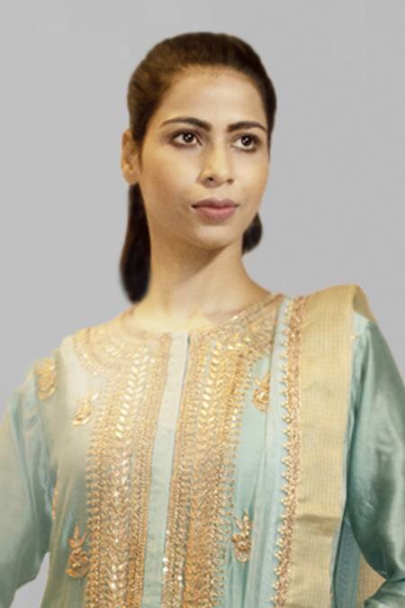 Buy_Aksh_Blue Net, Chanderi, Banarasi Jacquard Round Kurta Lehenga Set_Online_at_Aza_Fashions