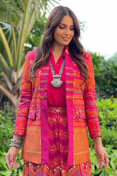 ASEEM KAPOOR Pink Natural Crepe Spread Collar Mandala Flared Trapeze Shirt