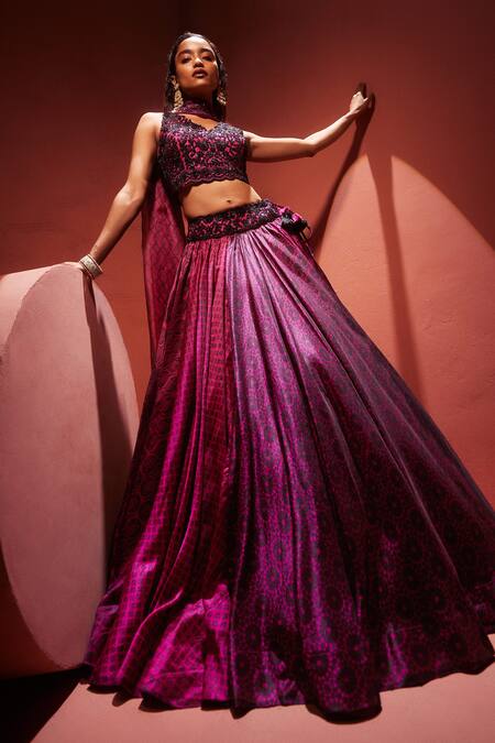 Buy Prisha Magenta Silk Embroidered Floral V Neck Pattern Lehenga Set at Aza Fashions Buy_Prisha_Magenta Silk Embroidered Floral V Neck Pattern Lehenga Set _at_Aza_Fashions