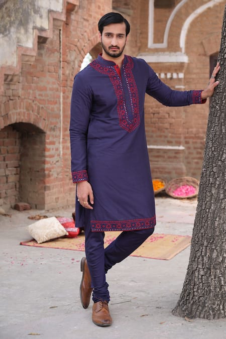 Nitesh Singh Chauhan_Blue Cotton Silk Dori Work Embroidered Kurta And Churidar Set _Online_at_Aza_Fashions