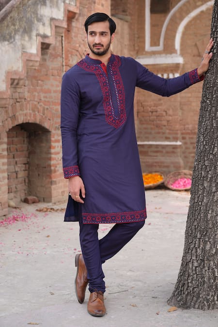 Buy_Nitesh Singh Chauhan_Blue Cotton Silk Dori Work Embroidered Kurta And Churidar Set _Online_at_Aza_Fashions