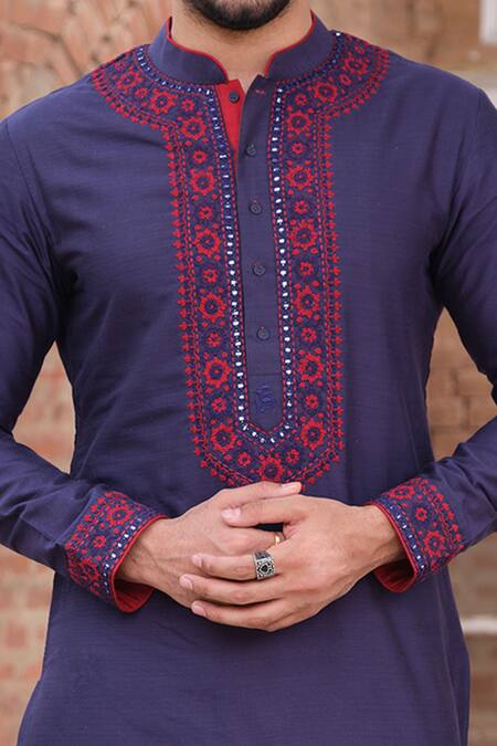 Shop_Nitesh Singh Chauhan_Blue Cotton Silk Dori Work Embroidered Kurta And Churidar Set _Online_at_Aza_Fashions