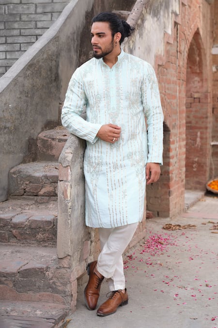 Nitesh Singh Chauhan Blue Cotton Silk Embroidered Rajasthani Gota Patti Kurta Set For Men