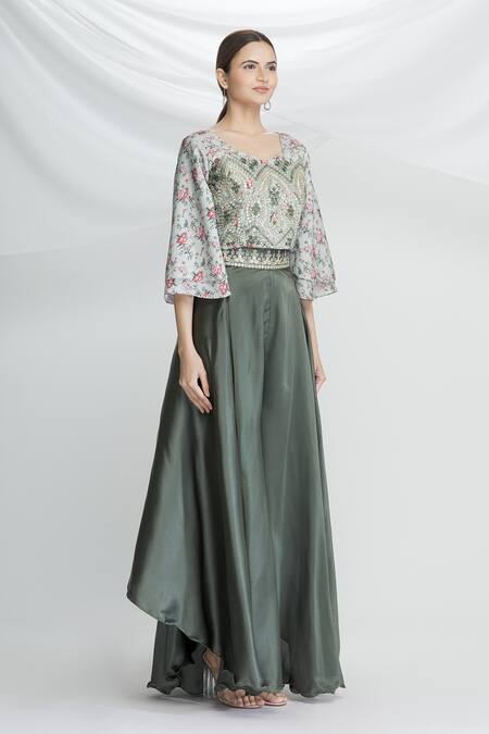 Naintara Bajaj_Grey Georgette Round Printed Top And Palazzo Set_Online_at_Aza_Fashions