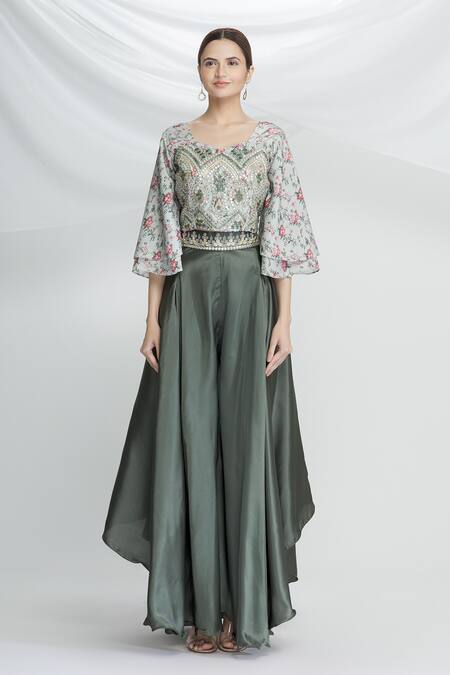 Buy_Naintara Bajaj_Grey Georgette Round Printed Top And Palazzo Set_Online_at_Aza_Fashions