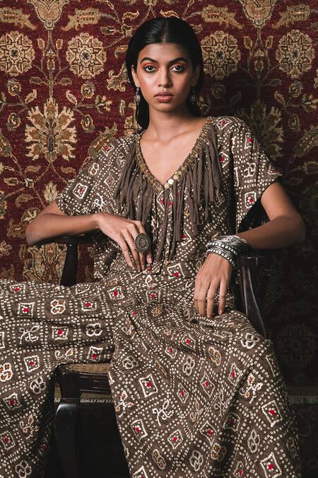 Sonam Luthria_Brown Rayon Print And Embroidery Bandhani V Kaftan Top & Karate Pant Set  _Online_at_Aza_Fashions