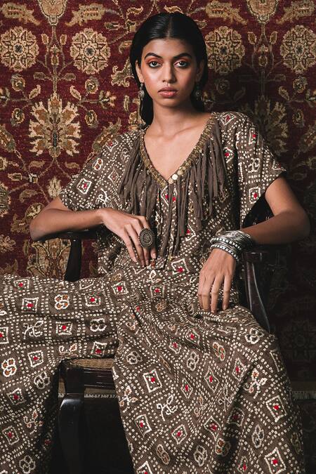 Buy_Sonam Luthria_Brown Rayon Print And Embroidery Bandhani V Kaftan Top & Karate Pant Set  _Online_at_Aza_Fashions