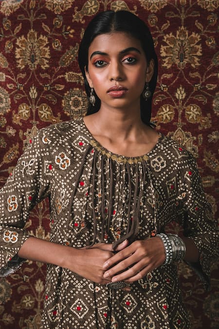 Sonam Luthria_Brown Rayon Bandhani, Coins Detailing, Tassels Box Pleated Kurta And Pant Set_Online_at_Aza_Fashions