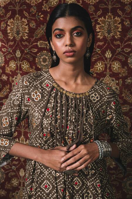 Buy_Sonam Luthria_Brown Rayon Bandhani, Coins Detailing, Tassels Box Pleated Kurta And Pant Set_Online_at_Aza_Fashions