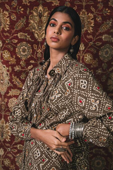 Buy Sonam Luthria Green Rayon Bandhani Shirt Collar Tassel Detailing And Pant Set Online at Aza Fashions Buy_Sonam Luthria_Green Rayon Bandhani Shirt Collar Tassel Detailing And Pant Set_Online_at_Aza_Fashions