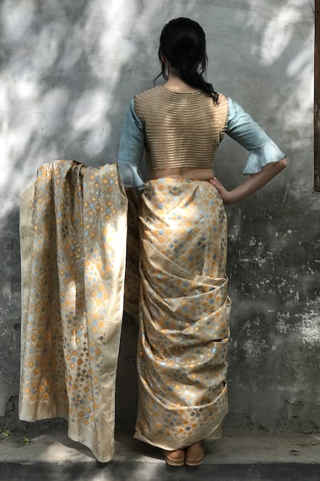 Shop I Am Design Beige Silk Round Printed Saree Set at Aza Fashions Shop_I Am Design_Beige Silk Round Printed Saree Set _at_Aza_Fashions