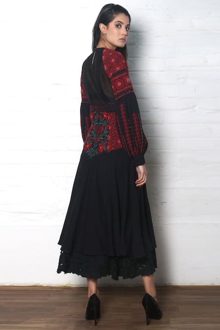 Shop Chandrima Black Kala Cotton Round Layered Midi Dress at Aza Fashions Shop_Chandrima_Black Kala Cotton Round Layered Midi Dress _at_Aza_Fashions