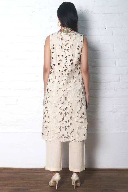 Chandrima_White Kala Cotton Flap Collar Embroidered Long Jacket _Online_at_Aza_Fashions