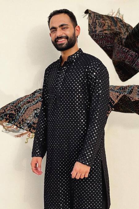 Hilo Design_Black Georgette, Satin Mirrors Work Kurta For Kids_Online_at_Aza_Fashions