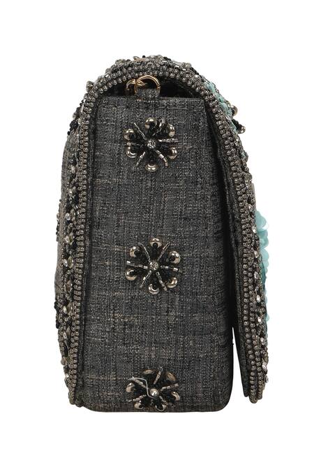 Shop_Fuchsia by aashaka mehta_Grey Embroidery Geometric Clutch _Online_at_Aza_Fashions