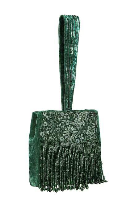Fuchsia by aashaka mehta_Green Embroidery, Sequins Velvet Bag _Online_at_Aza_Fashions