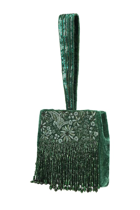 Buy_Fuchsia by aashaka mehta_Green Embroidery, Sequins Velvet Bag _Online_at_Aza_Fashions