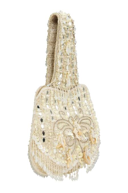 Fuchsia by aashaka mehta_White Embroidery Crystal Potli _Online_at_Aza_Fashions