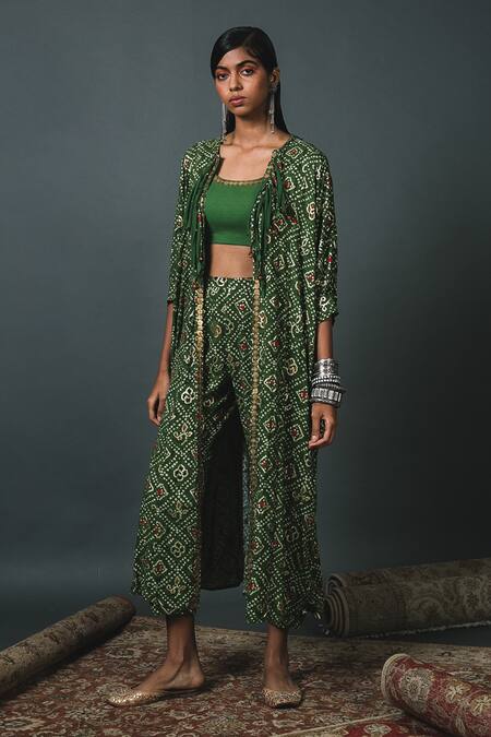 Shop Sonam Luthria Green Rayon Bandhani, Coins Detailing, Tassels Printed Kaftan Jacket Pant Set at Aza Fashions Shop_Sonam Luthria_Green Rayon Bandhani, Coins Detailing, Tassels Printed Kaftan Jacket Pant Set_at_Aza_Fashions