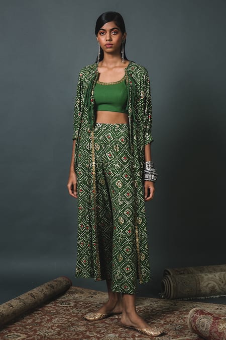 Sonam Luthria Green Rayon Bandhani, Coins Detailing, Tassels Printed Kaftan Jacket Pant Set Online at Aza Fashions Sonam Luthria_Green Rayon Bandhani, Coins Detailing, Tassels Printed Kaftan Jacket Pant Set_Online_at_Aza_Fashions