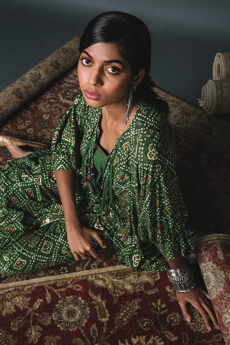 Buy Sonam Luthria Green Rayon Bandhani, Coins Detailing, Tassels Printed Kaftan Jacket Pant Set Online at Aza Fashions Buy_Sonam Luthria_Green Rayon Bandhani, Coins Detailing, Tassels Printed Kaftan Jacket Pant Set_Online_at_Aza_Fashions