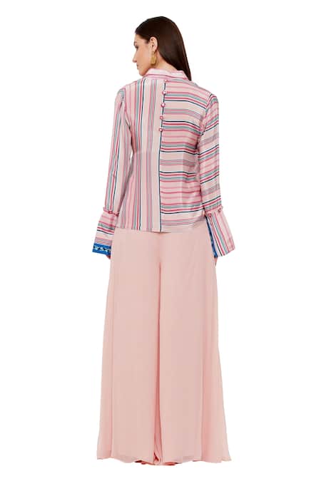 Shop Limerick By Abirr N' Nanki Multi Color Crepe Striped Collared Neck Bailee Pattern Shirt at Aza Fashions Shop_Limerick By Abirr N' Nanki_Multi Color Crepe Striped Collared Neck Bailee Pattern Shirt _at_Aza_Fashions