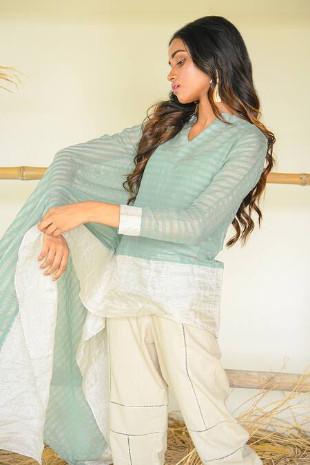 Buy_Vaani Beswal_Green Handwoven Zari Cotton Stripes V Neck Bakul Draped Sleeve Top _Online_at_Aza_Fashions