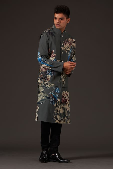 Balance By Rohit Bal_Grey Linen Bird, Floral Printed Bundi _Online_at_Aza_Fashions