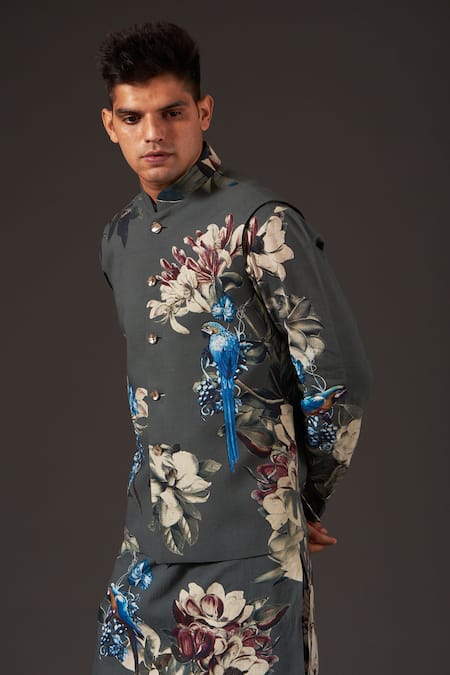 Buy_Balance By Rohit Bal_Grey Linen Bird, Floral Printed Bundi _Online_at_Aza_Fashions