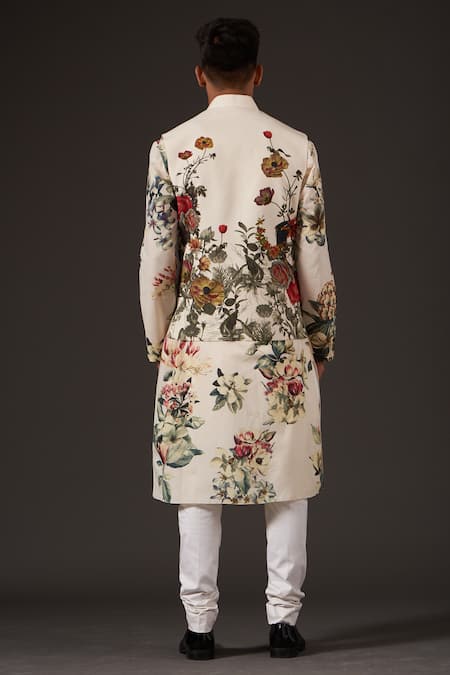 Shop Balance By Rohit Bal White Linen Floral Print Bundi at Aza Fashions Shop_Balance By Rohit Bal_White Linen Floral Print Bundi _at_Aza_Fashions