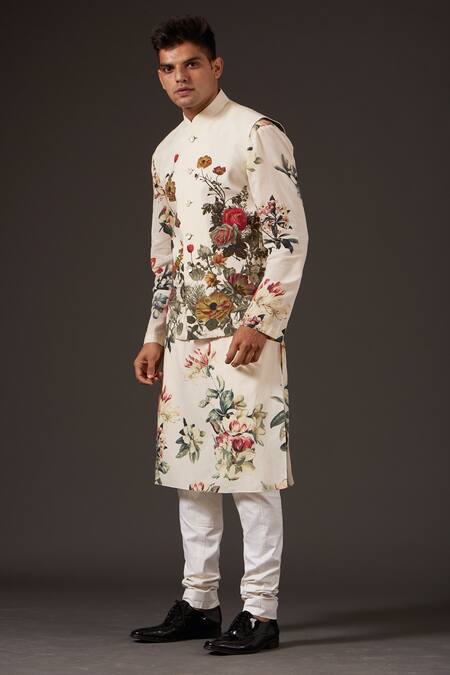 Balance By Rohit Bal White Linen Floral Print Bundi Online at Aza Fashions Balance By Rohit Bal_White Linen Floral Print Bundi _Online_at_Aza_Fashions