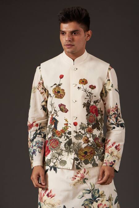 Buy Balance By Rohit Bal White Linen Floral Print Bundi Online at Aza Fashions Buy_Balance By Rohit Bal_White Linen Floral Print Bundi _Online_at_Aza_Fashions