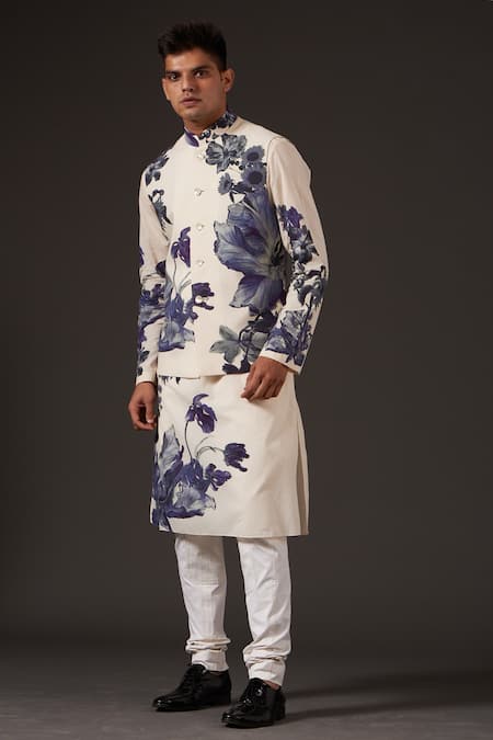 Balance by Rohit Bal White Linen Printed Floral Bundi 