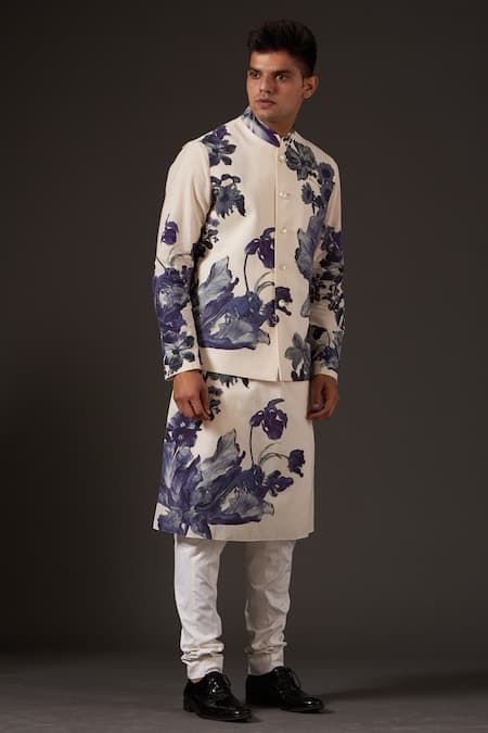 Balance By Rohit Bal_White Linen Floral Print Bundi _Online_at_Aza_Fashions
