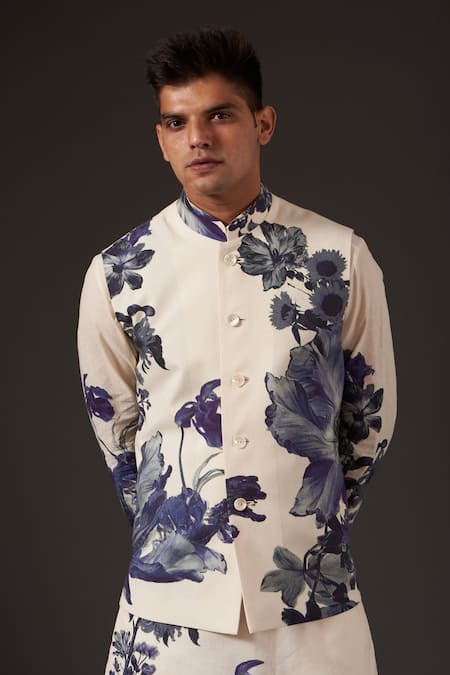 Buy_Balance By Rohit Bal_White Linen Floral Print Bundi _Online_at_Aza_Fashions