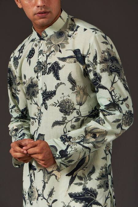 Balance By Rohit Bal Green Cotton Bird, Floral And Print Kurta Set Online at Aza Fashions Balance By Rohit Bal_Green Cotton Bird, Floral And Print Kurta Set _Online_at_Aza_Fashions