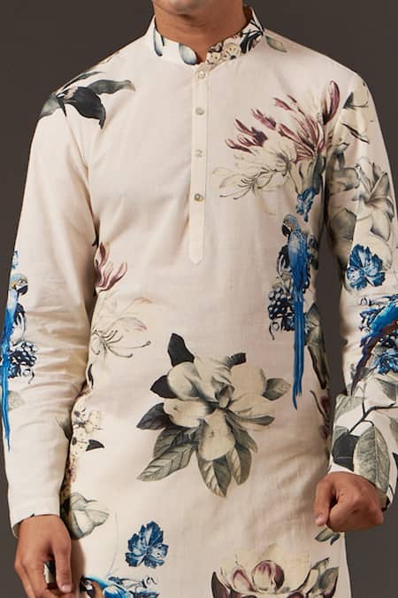 Balance By Rohit Bal_White Cotton Bird, Floral And Print Kurta Set _Online_at_Aza_Fashions