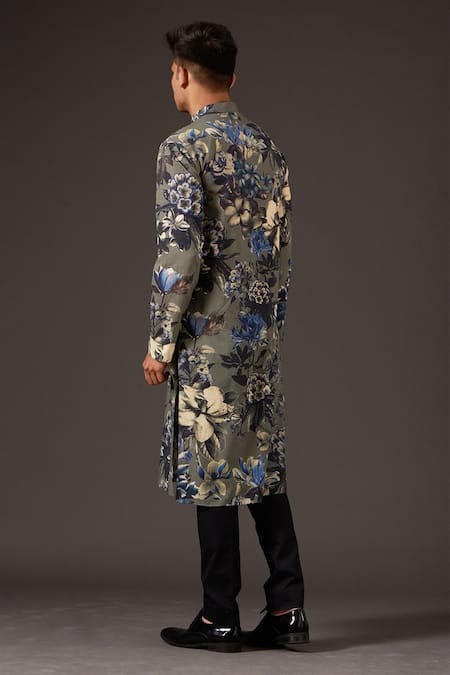 Balance By Rohit Bal_Grey Cotton Floral Print Kurta Set _Online_at_Aza_Fashions