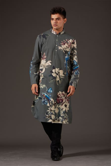 Buy_Balance By Rohit Bal_Grey Cotton Floral Print Kurta Set _Online_at_Aza_Fashions