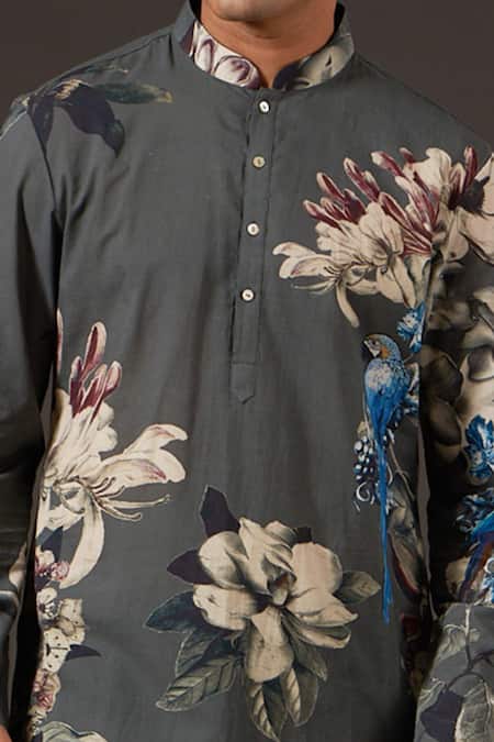 Shop_Balance By Rohit Bal_Grey Cotton Floral Print Kurta Set _Online_at_Aza_Fashions