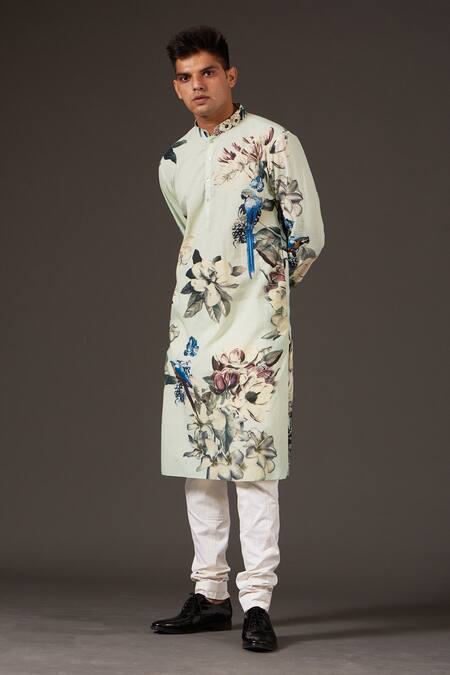 Balance By Rohit Bal_Green Cotton Bird, Floral And Print Kurta Set _Online_at_Aza_Fashions