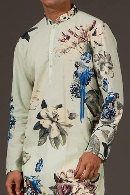 Buy_Balance By Rohit Bal_Green Cotton Bird, Floral And Print Kurta Set _Online_at_Aza_Fashions