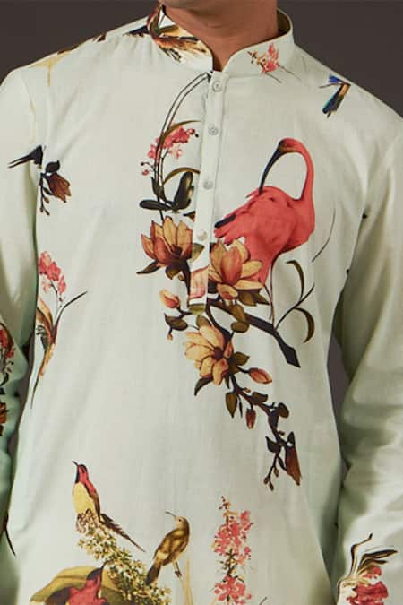 Balance By Rohit Bal_Green Cotton Bird, Floral And Print Kurta Set _Online_at_Aza_Fashions
