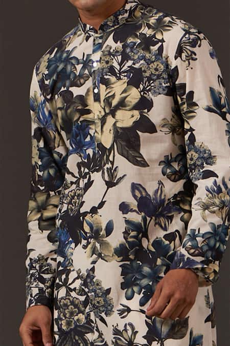Balance By Rohit Bal_White Cotton Floral Print Kurta Set _Online_at_Aza_Fashions