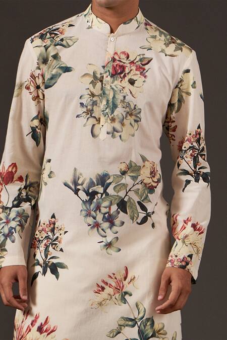 Balance By Rohit Bal_White Cotton Floral Print Kurta Set _Online_at_Aza_Fashions