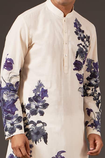 Balance By Rohit Bal_White Cotton Floral Print Kurta Set _Online_at_Aza_Fashions
